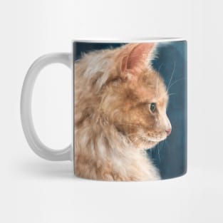 Painting of a Fluffy Orange Persian Cat on Dark Blue Background Mug